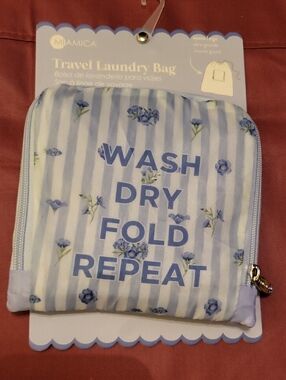 miamica Blue Floral Stripe Travel Laundry Bag "Wash Dry Fold Repeat"  Li